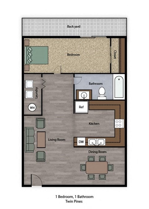Floor plan for 1 bed, 1 bath, 640 sqft